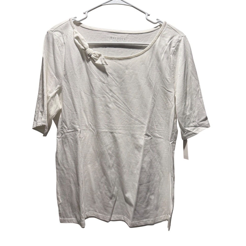 Talbots White Pima Cotton Bow Neck Elbow Sleeve Top M 53749130